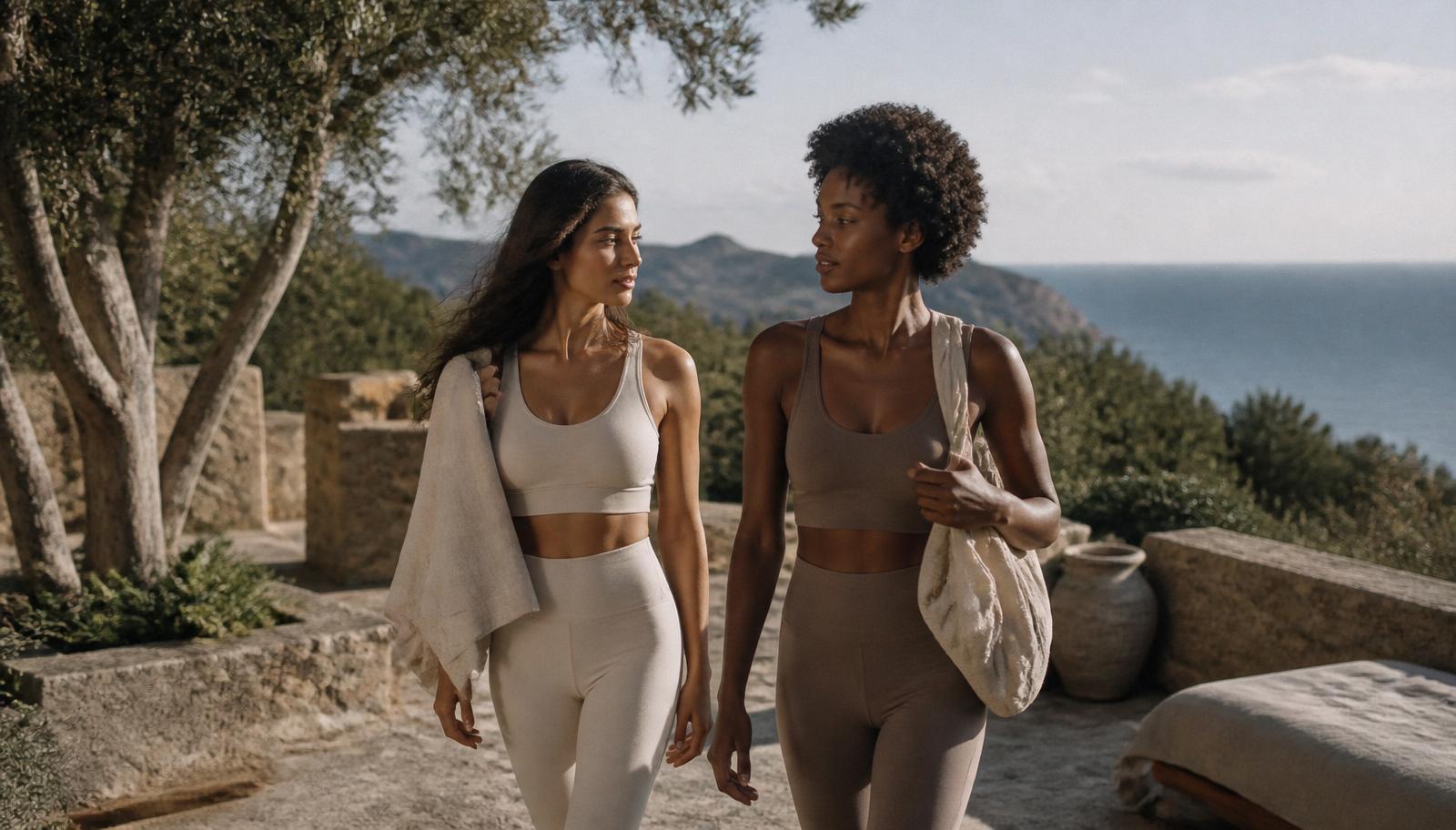Two women walking a Mediterranean terrace in ÉLAN activewear